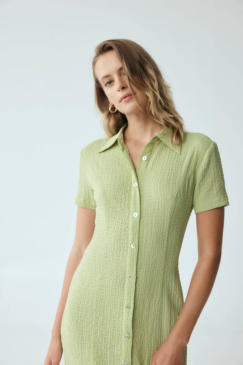 Mint waffle midi shirt dress close-up: pointed collar and button front