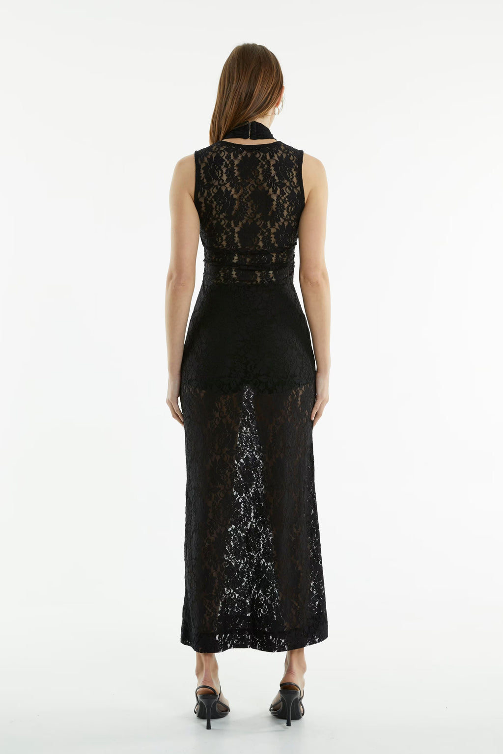 Black lace wrap-neck tank maxi dress with X-back cutout