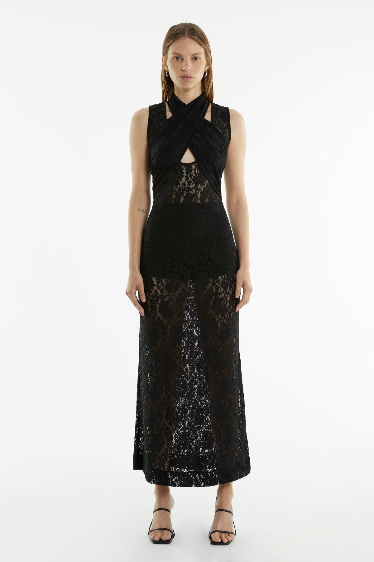Black lace wrap-neck tank maxi dress with center keyhole
