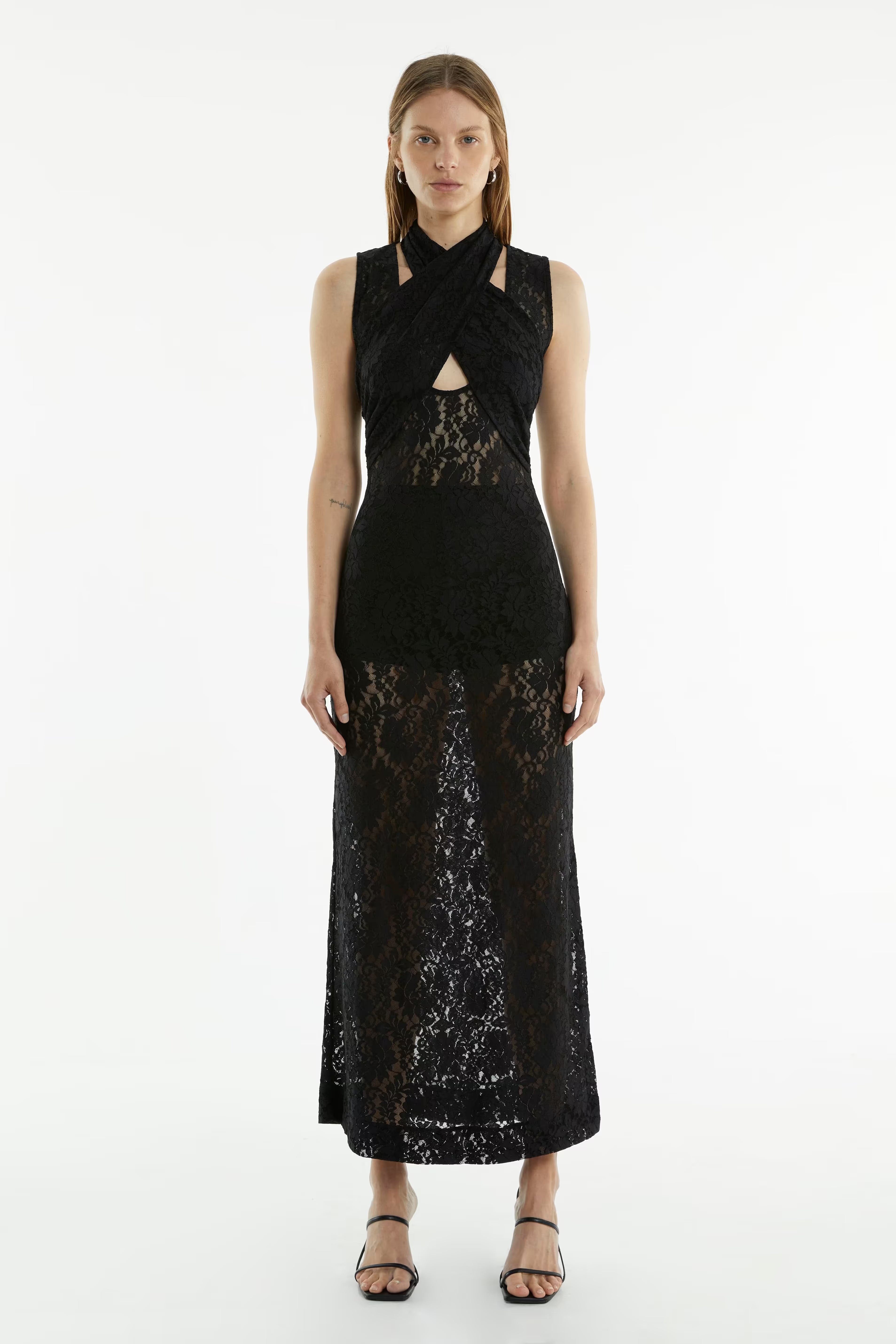 Black lace wrap-neck tank maxi dress with center keyhole