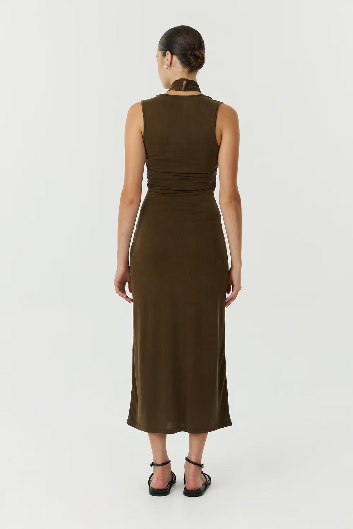Chocolate wrap-neck tank dress, sleeveless midi length, ruched high-back design