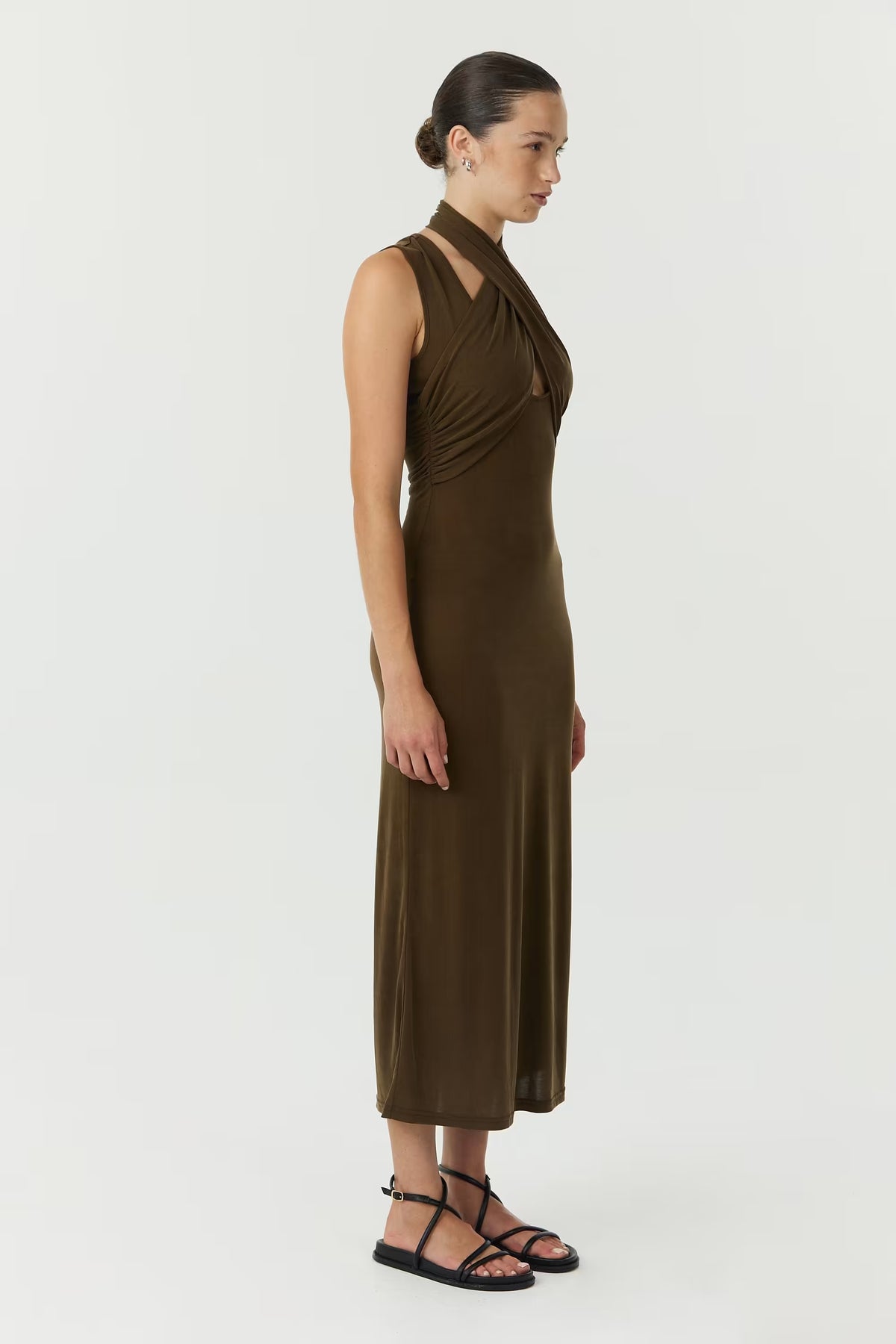 Chocolate wrap-neck tank dress, draped wrap neckline and fitted midi length