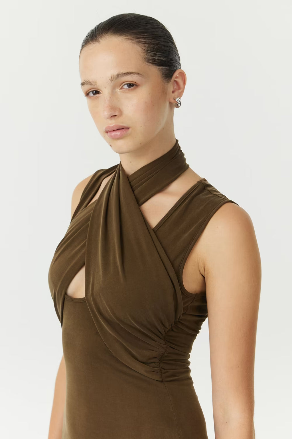 Chocolate wrap-neck tank dress with draped wrap neckline and sleeveless bodice