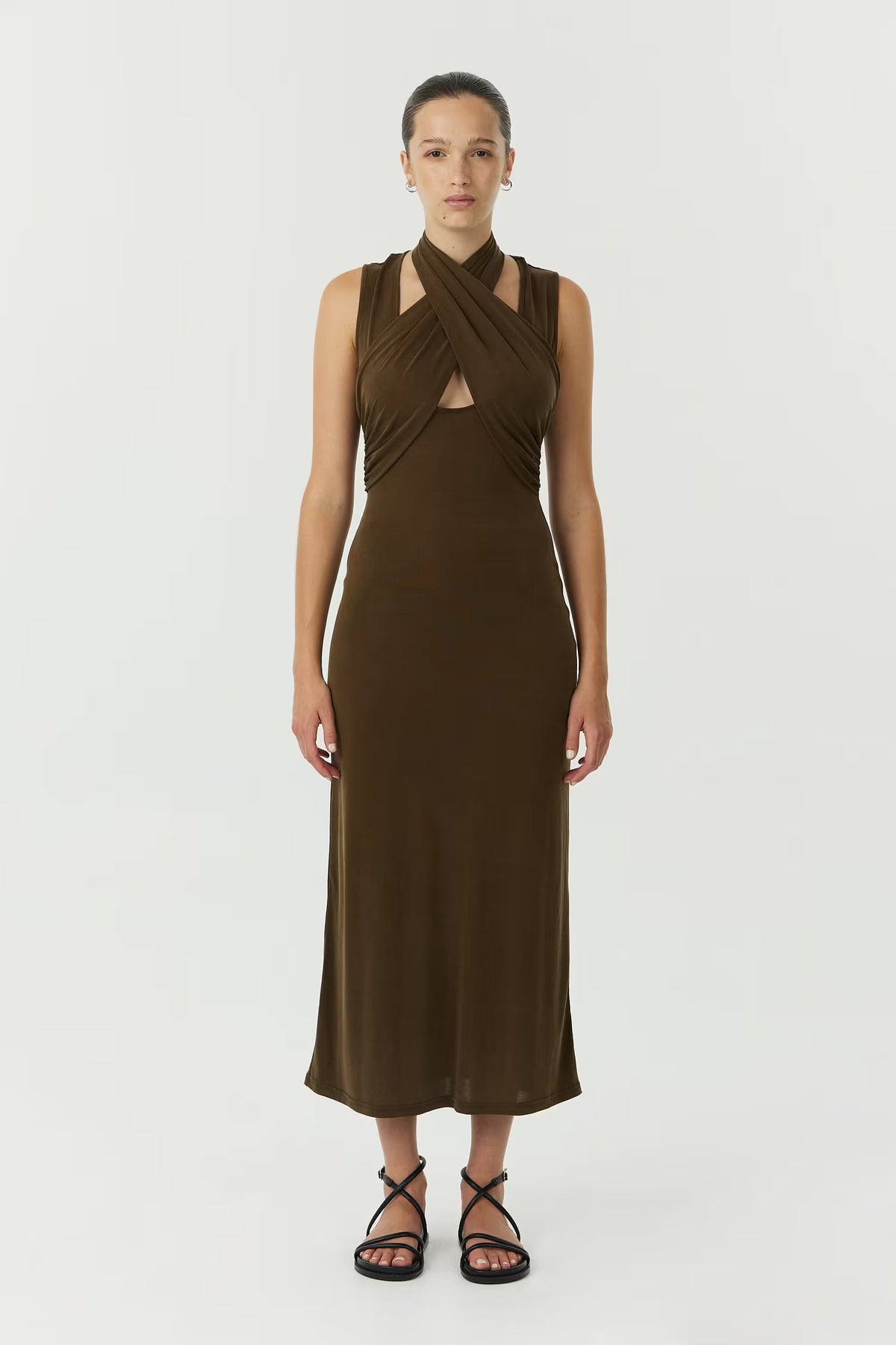 Chocolate wrap-neck tank dress with knot at neckline and fitted midi silhouette