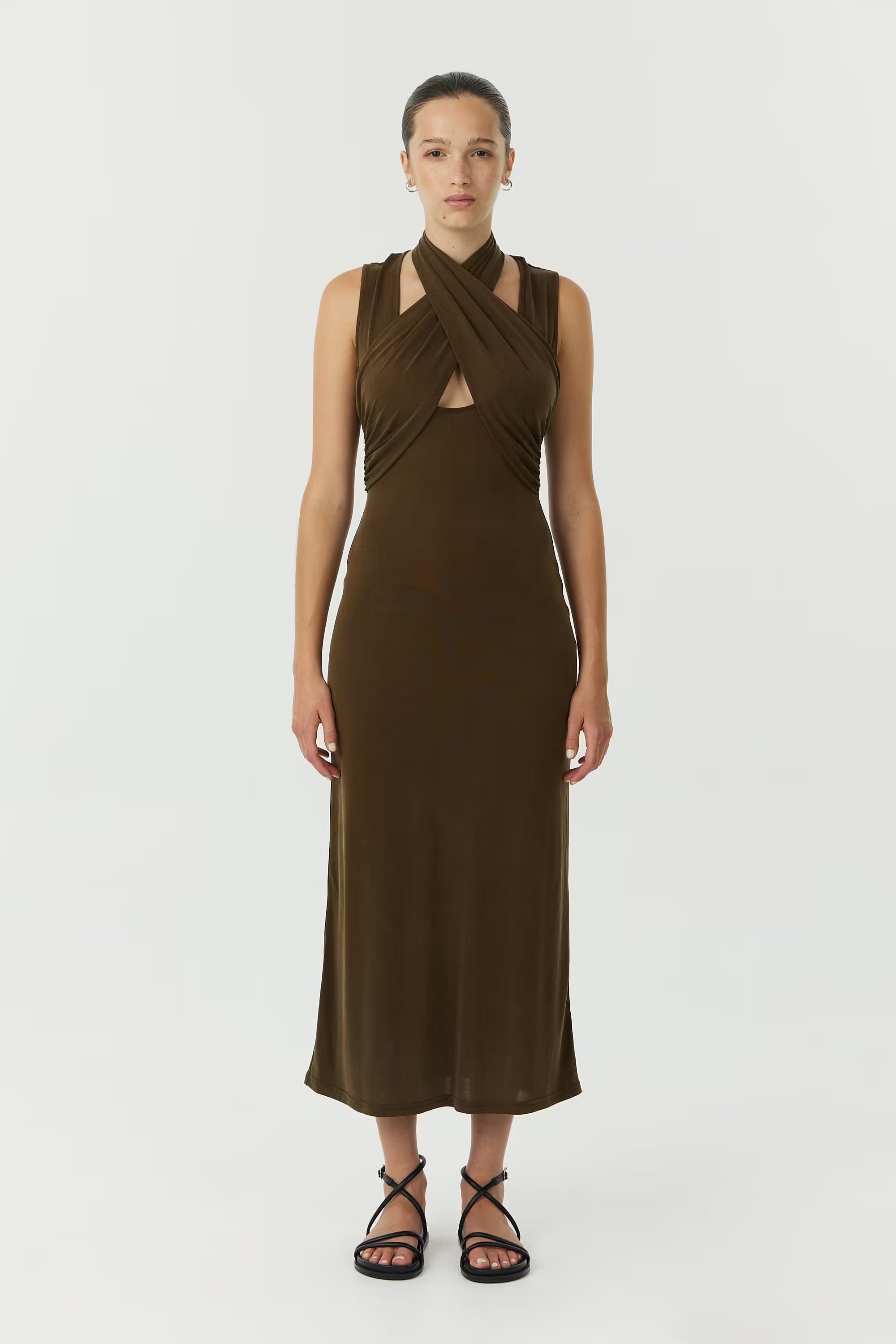 Chocolate wrap-neck tank dress with knot at neckline and fitted midi silhouette