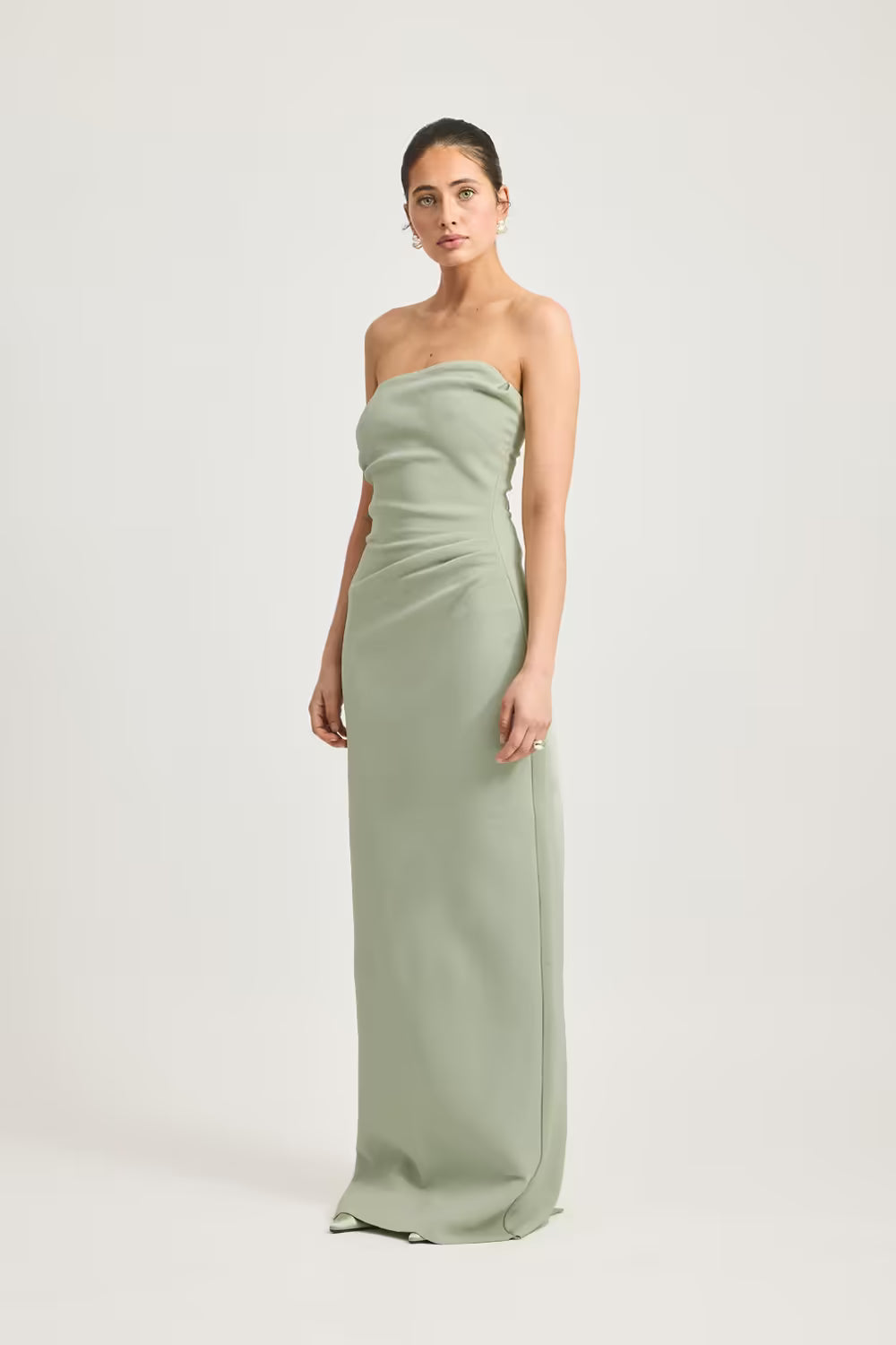 Sage green strapless column maxi dress, fitted waist, subtle side gathers