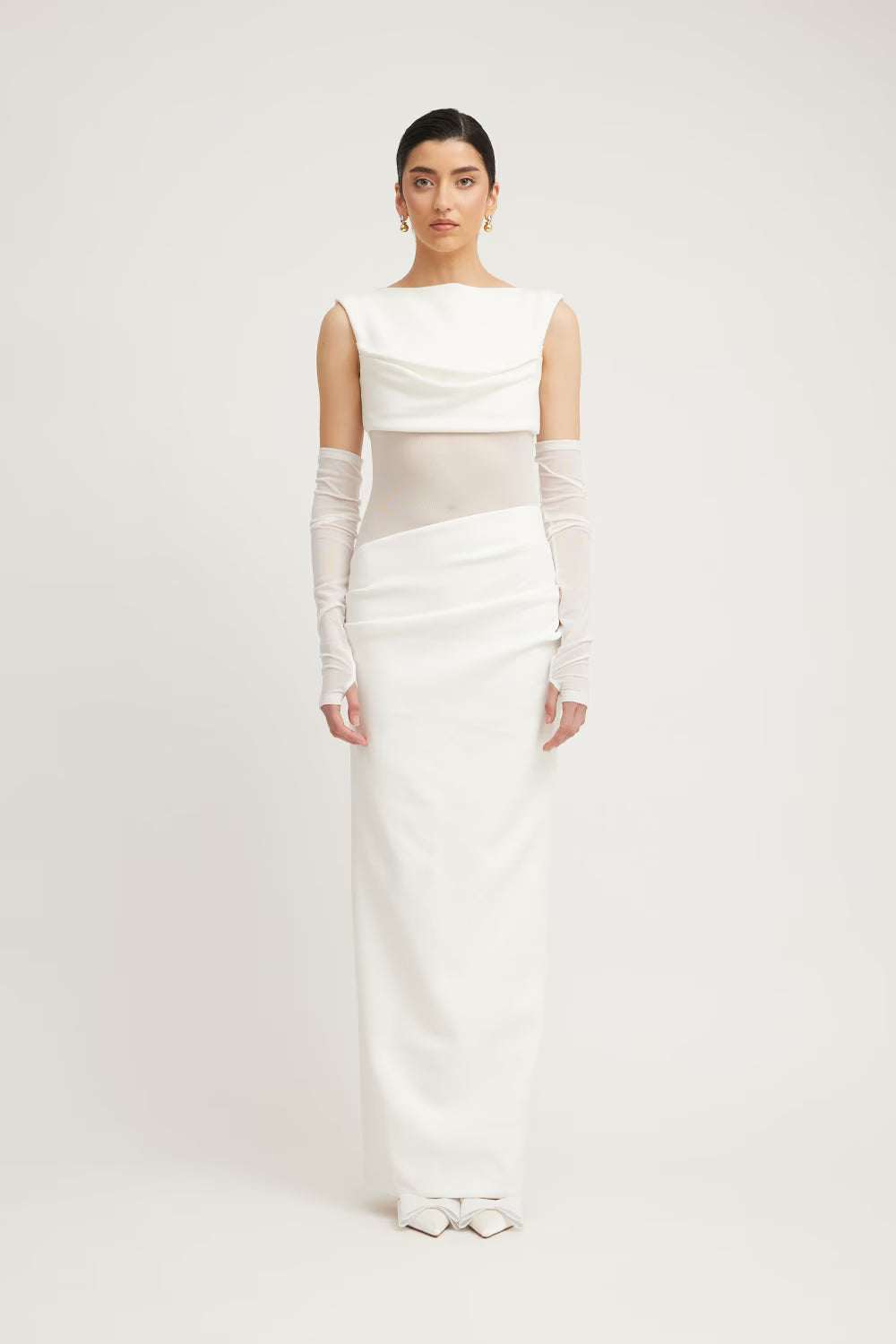 Ivory sleeveless Irena dress with draped off-shoulder neckline and fitted skirt