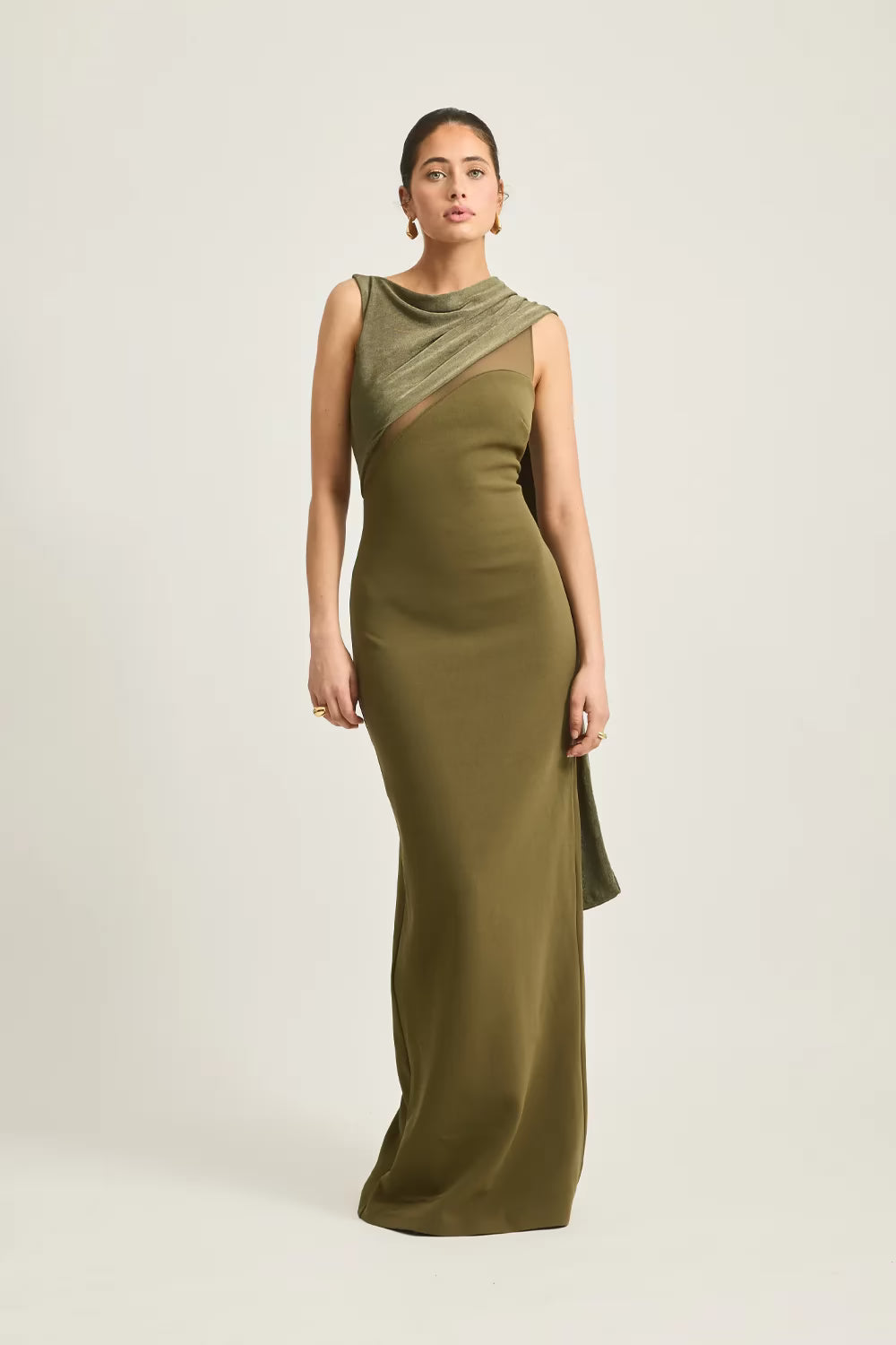 Moss green sleeveless draped maxi dress with diagonal shoulder drape and cowl neck