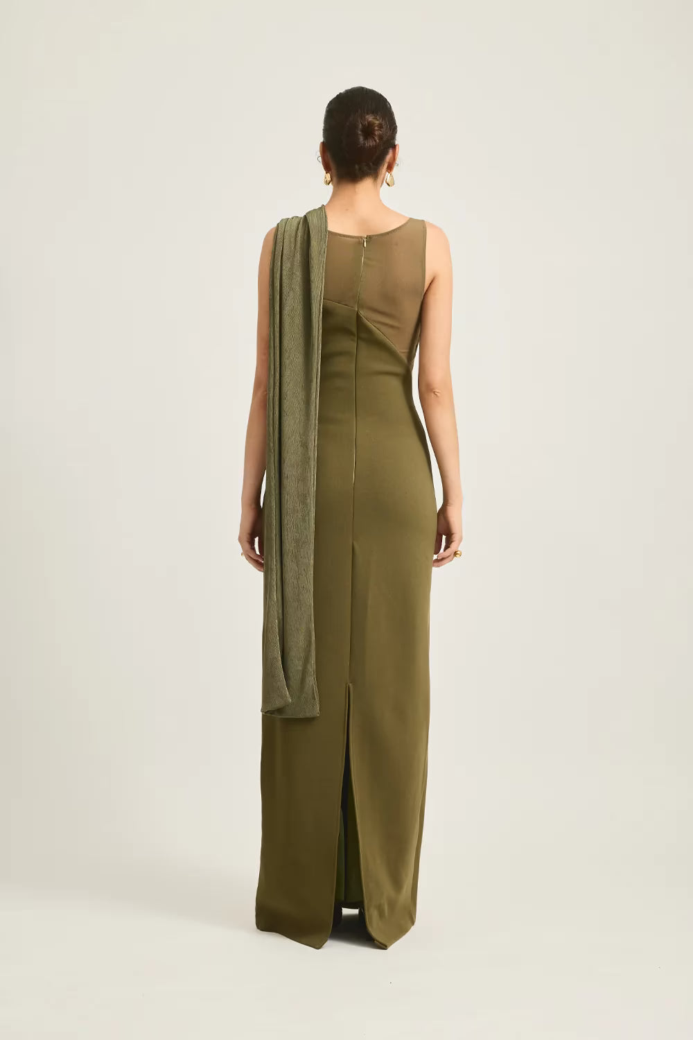 Moss green sleeveless maxi dress, open back with centered seam and diagonal drape