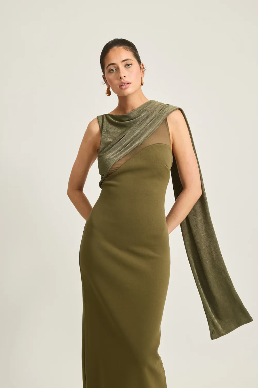 Moss green sleeveless maxi dress with cowl neck and side drape across shoulder
