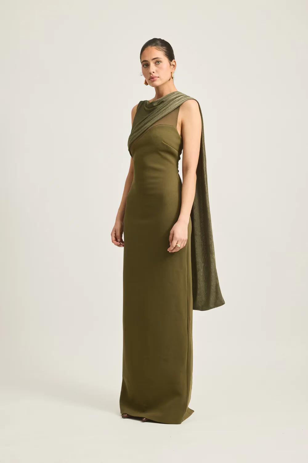 Moss green sleeveless column maxi dress with diagonal shoulder drape and cowl neck