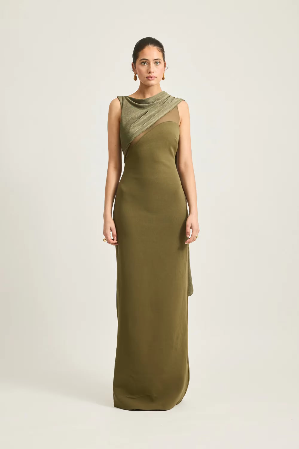 Moss green sleeveless draped maxi dress with diagonal shoulder wrap and cowl neckline