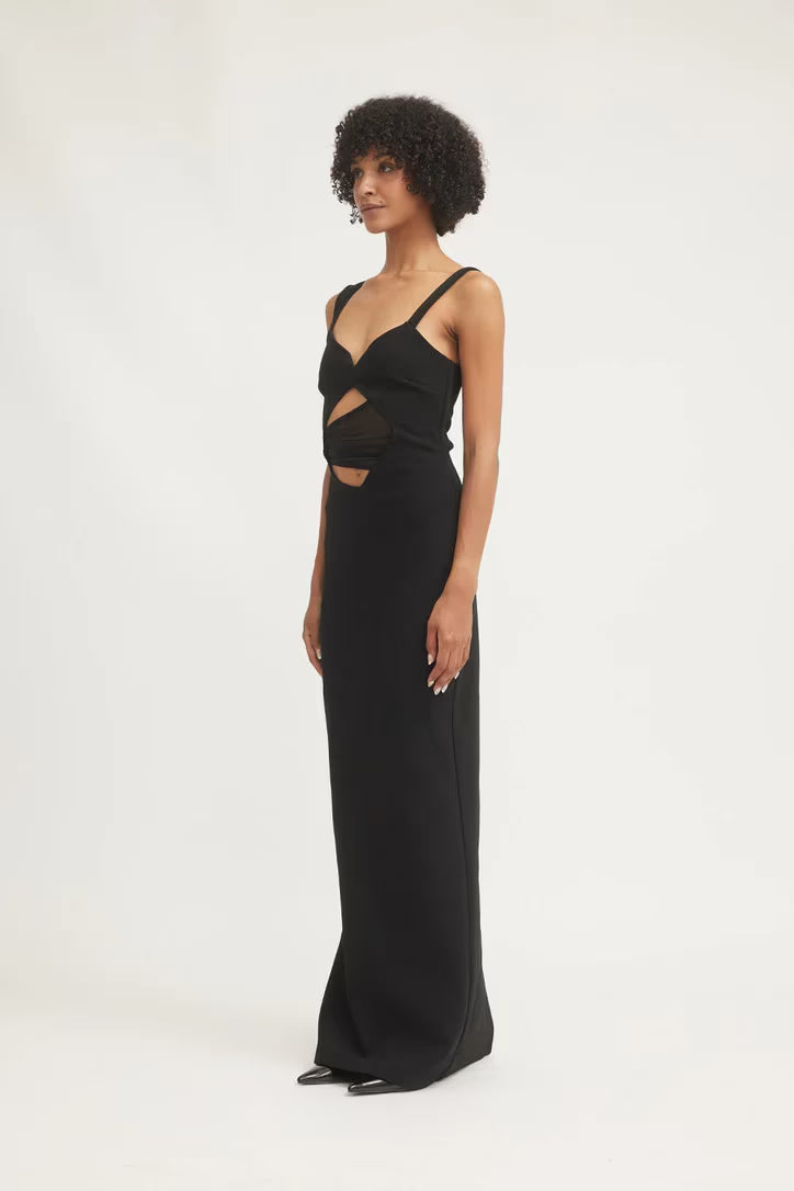 Black long dress with spaghetti straps and front waist cutout panel