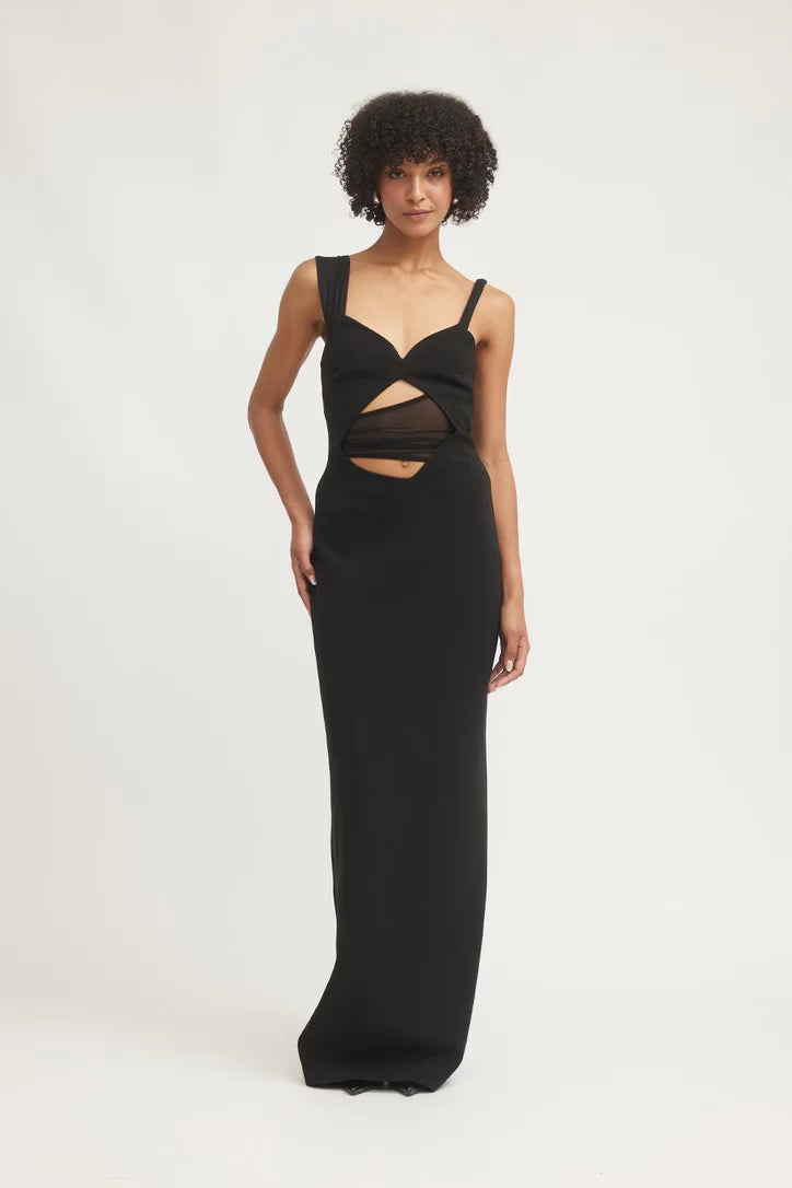 Black long V-neck dress with spaghetti straps and diagonal waist cutout