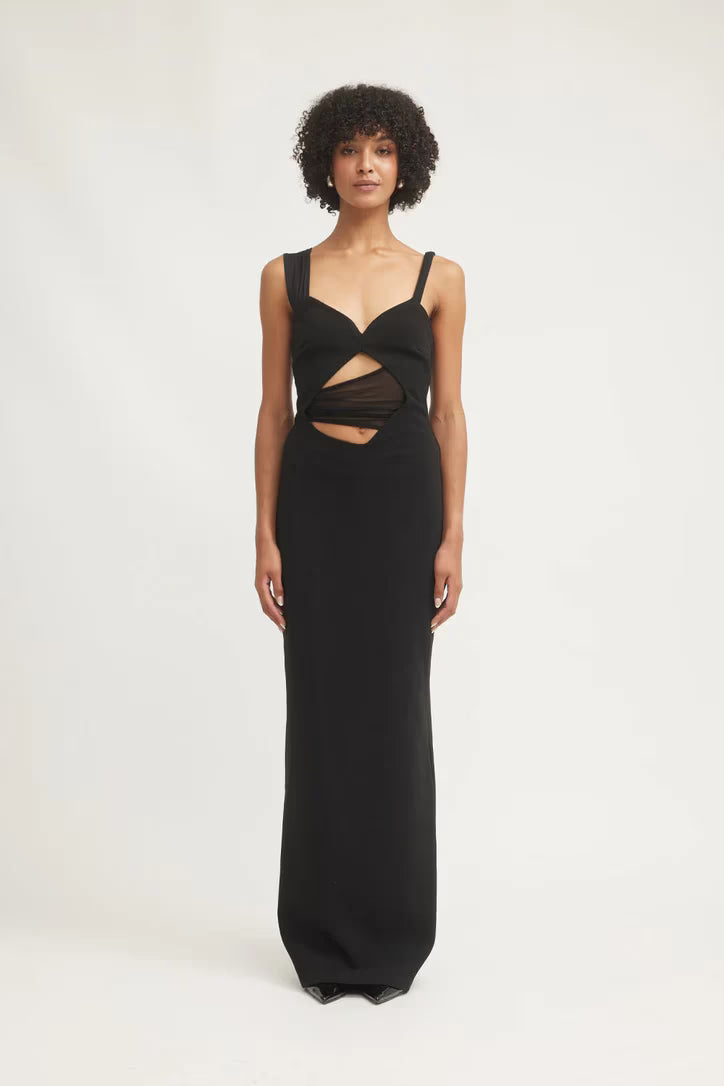 Black sleeveless maxi dress with V-neck and central waist cutout