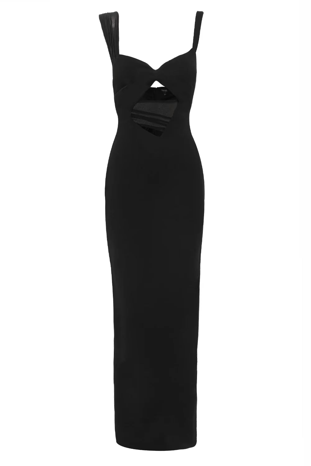 Black maxi dress with spaghetti straps and central back waist cutout