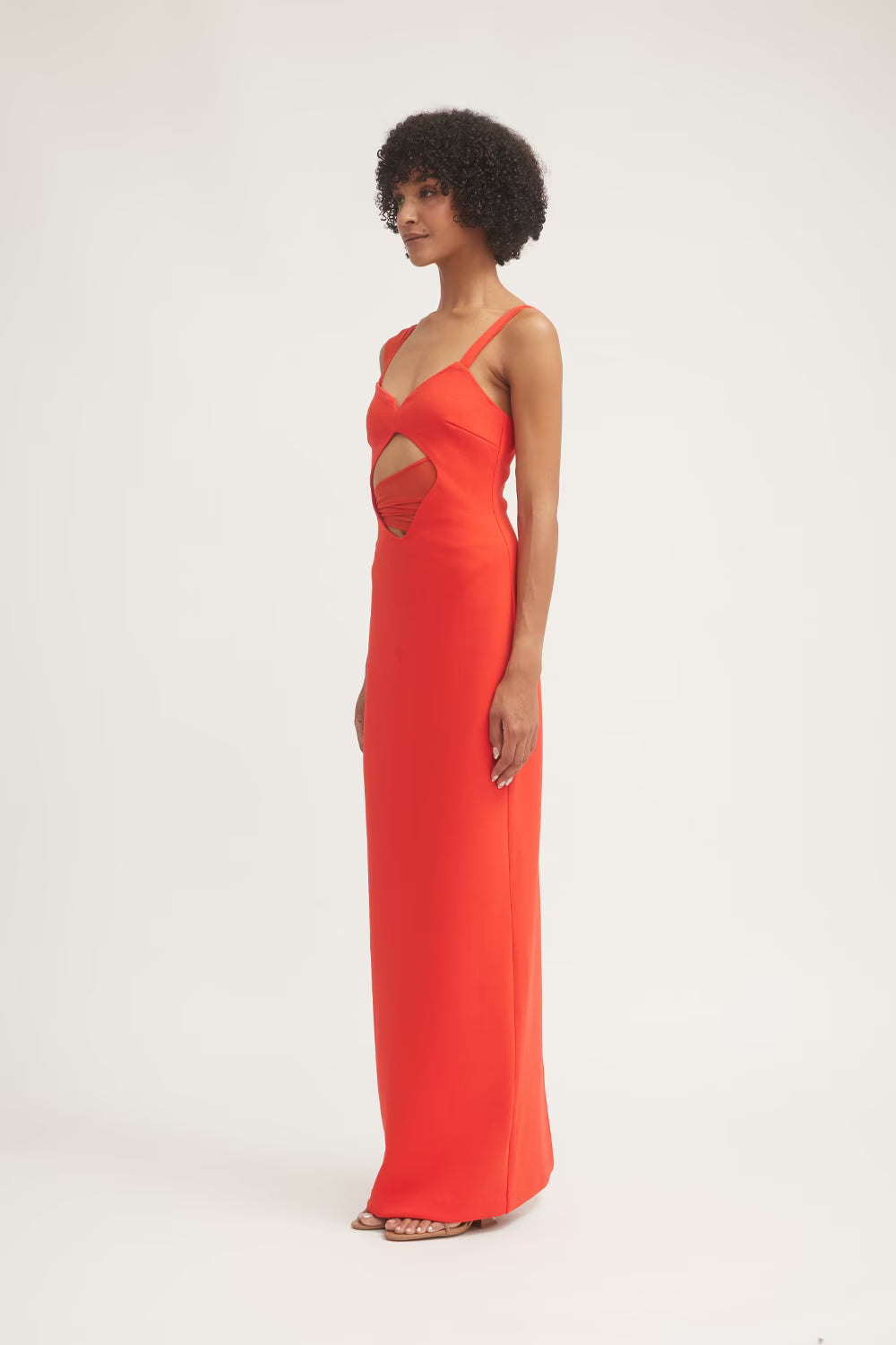 Flame red sleeveless column maxi dress with front cutout and thin straps
