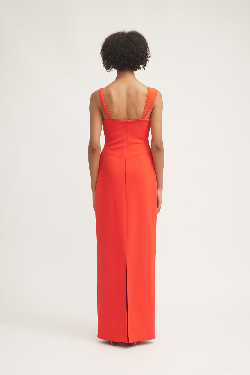 Flame red sleeveless maxi dress with V-back and center seam