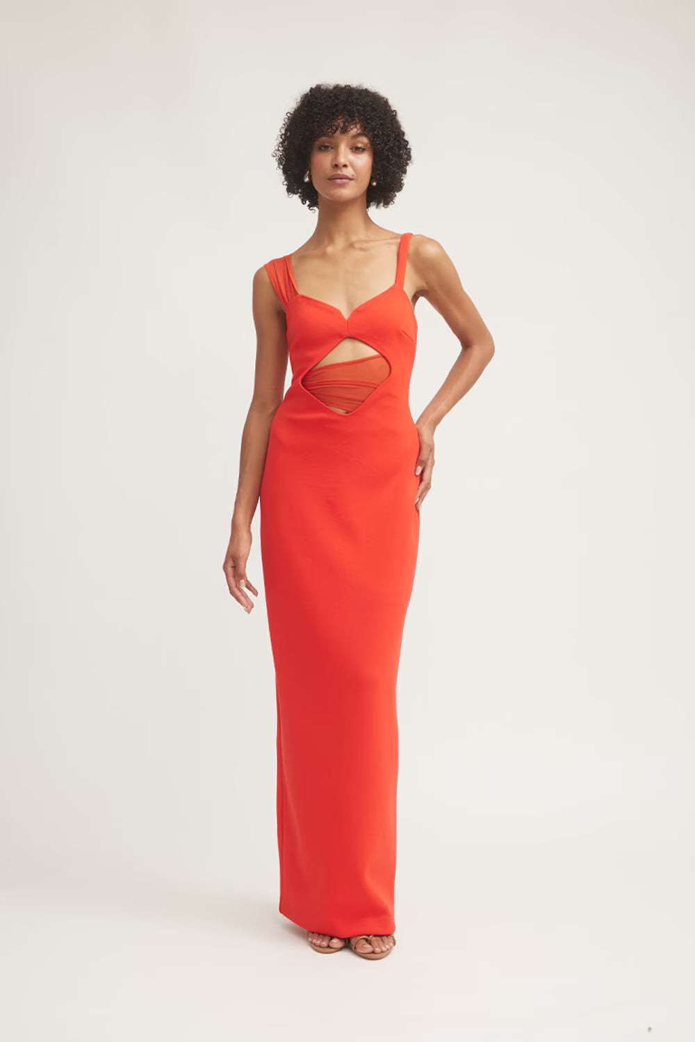 Flame red sleeveless fitted maxi dress with front cutout at bust and waist