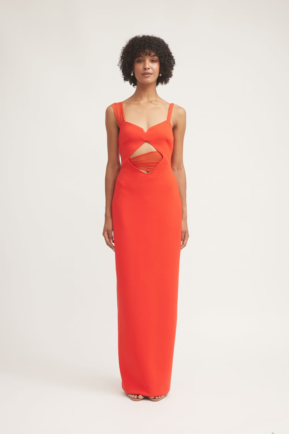 Flame red sleeveless maxi dress with V-neck and chest cutout