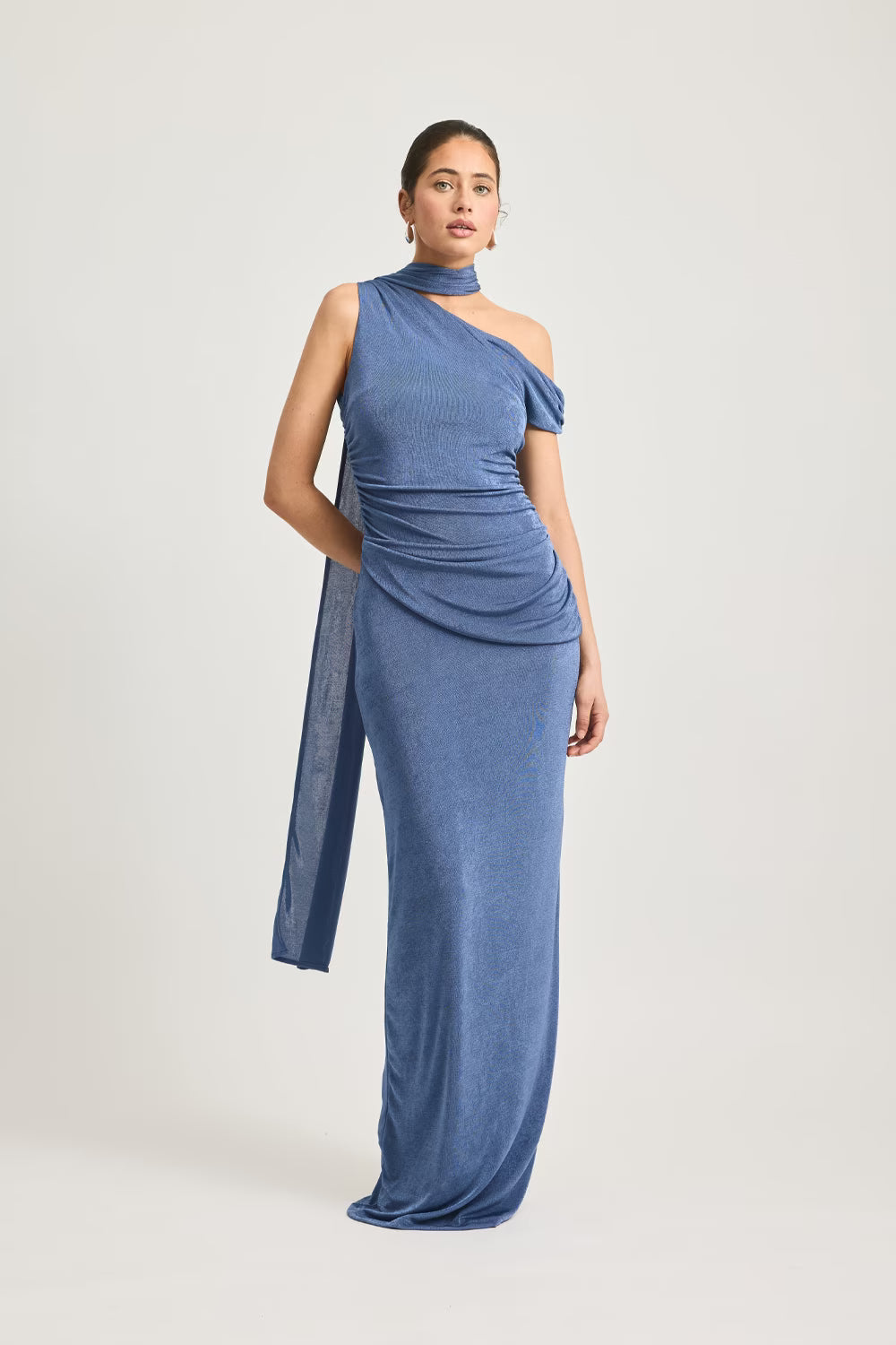 Blue one-shoulder maxi dress with choker neckline and gathered, ruched bodice