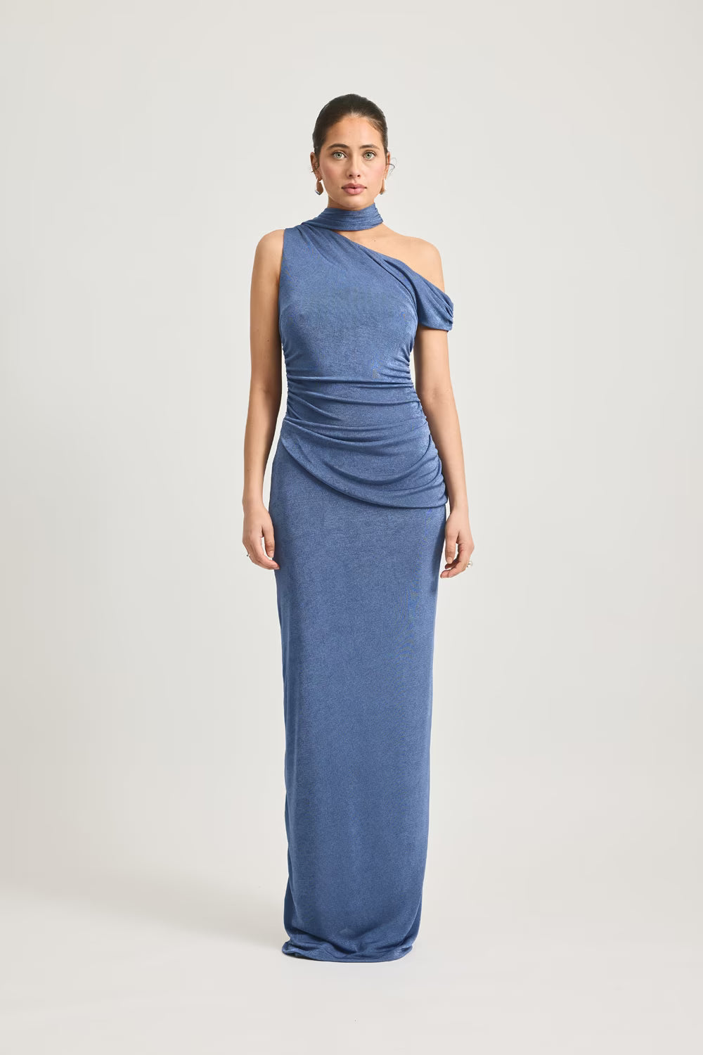 Blue one-shoulder maxi dress with asymmetric drape and straight, column skirt