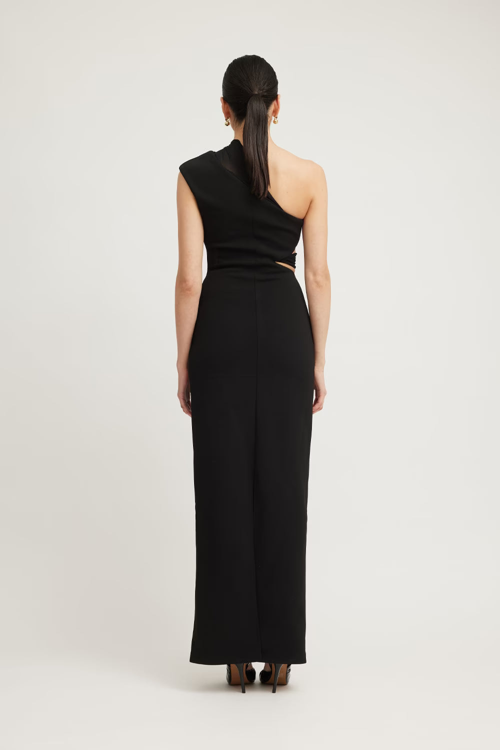 Tabitha Dress in black, sleeveless one-shoulder column with open back