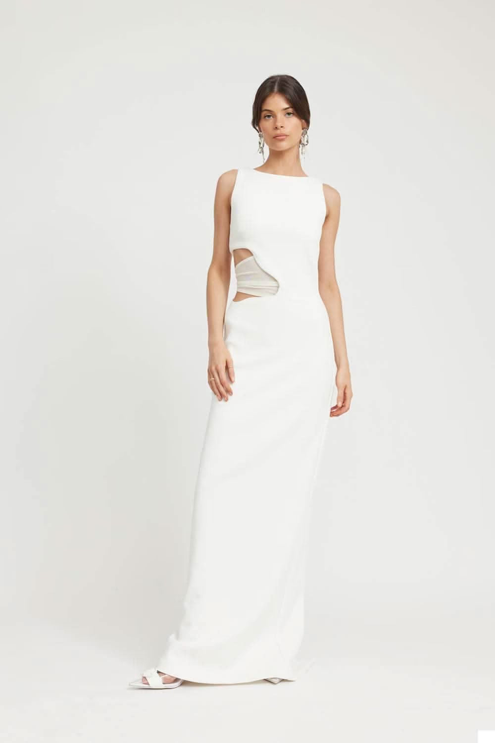 Ivory sleeveless midi dress with curved waist cutout detail