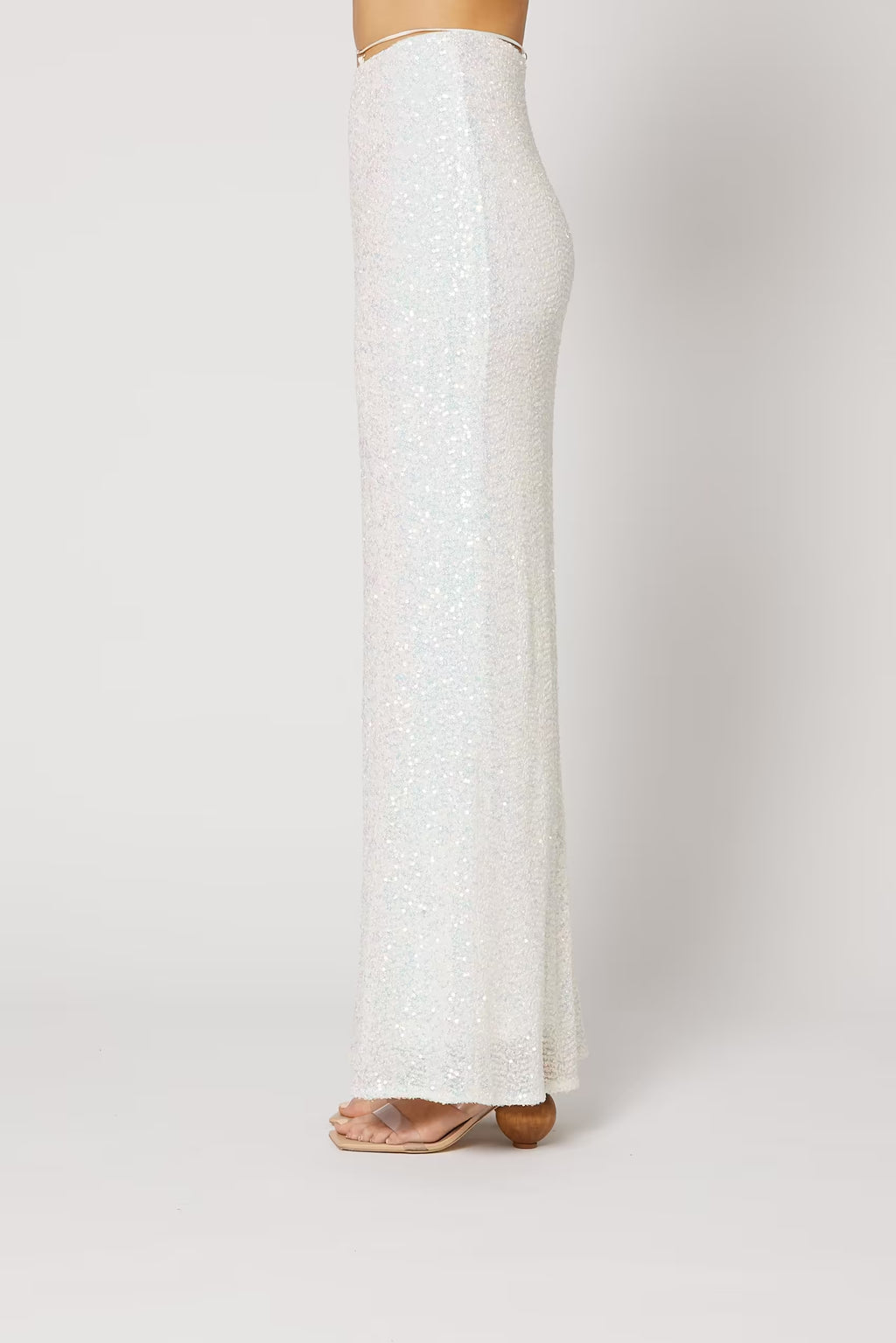 Cristobal sequin maxi skirt in white, fitted through hips with flared maxi hem