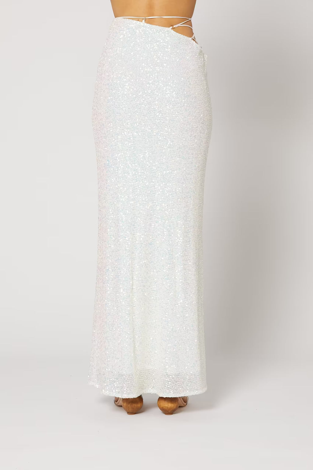 Cristobal sequin maxi skirt in white, hem detail with fitted waist and flared length