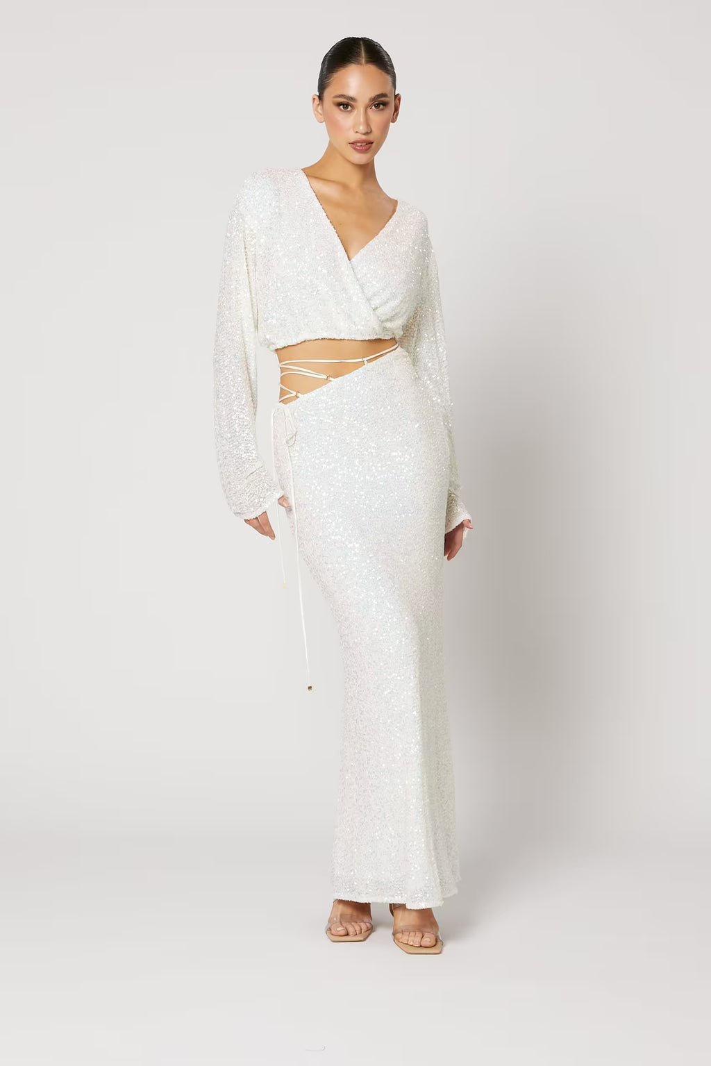 Cristobal sequin maxi skirt in white, fitted waist and flared hem