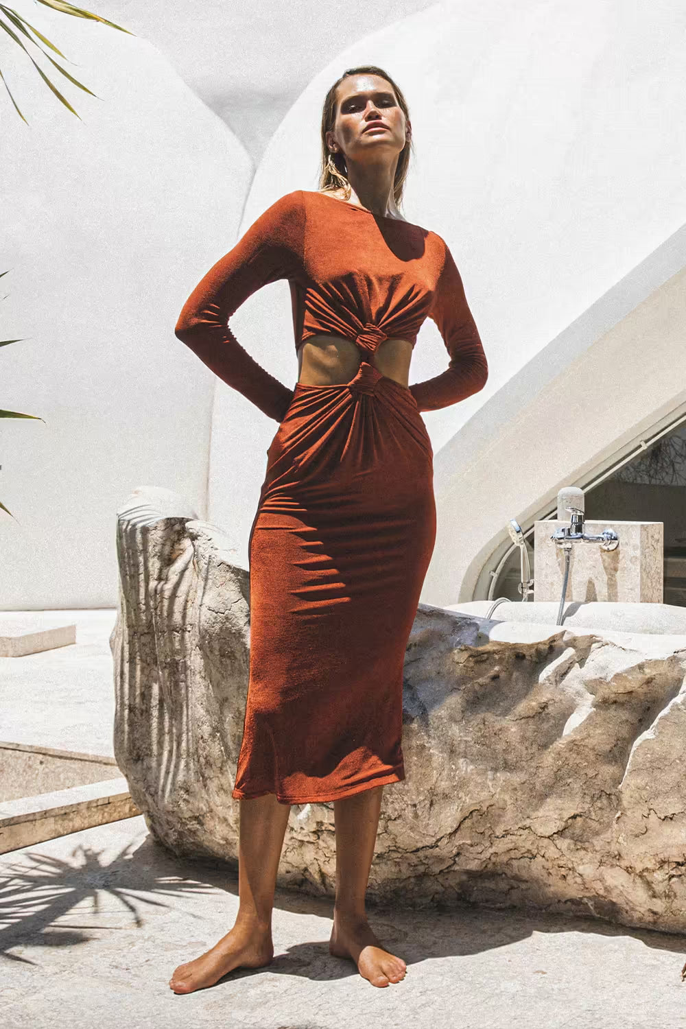 Copper ruched midi dress with long sleeves, knot waist detail and midriff cutout
