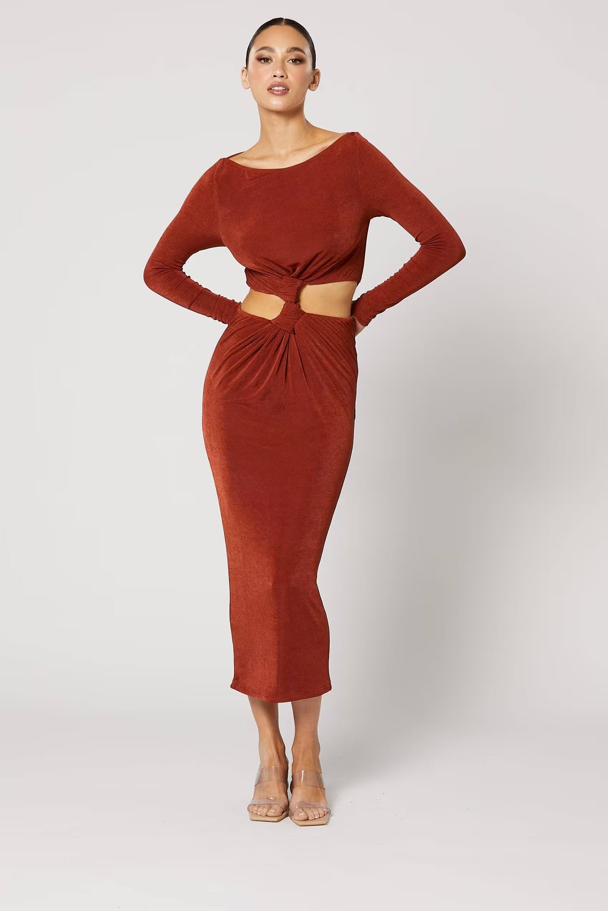 Copper ruched midi dress with long sleeves, knot waist detail and front midriff cutout