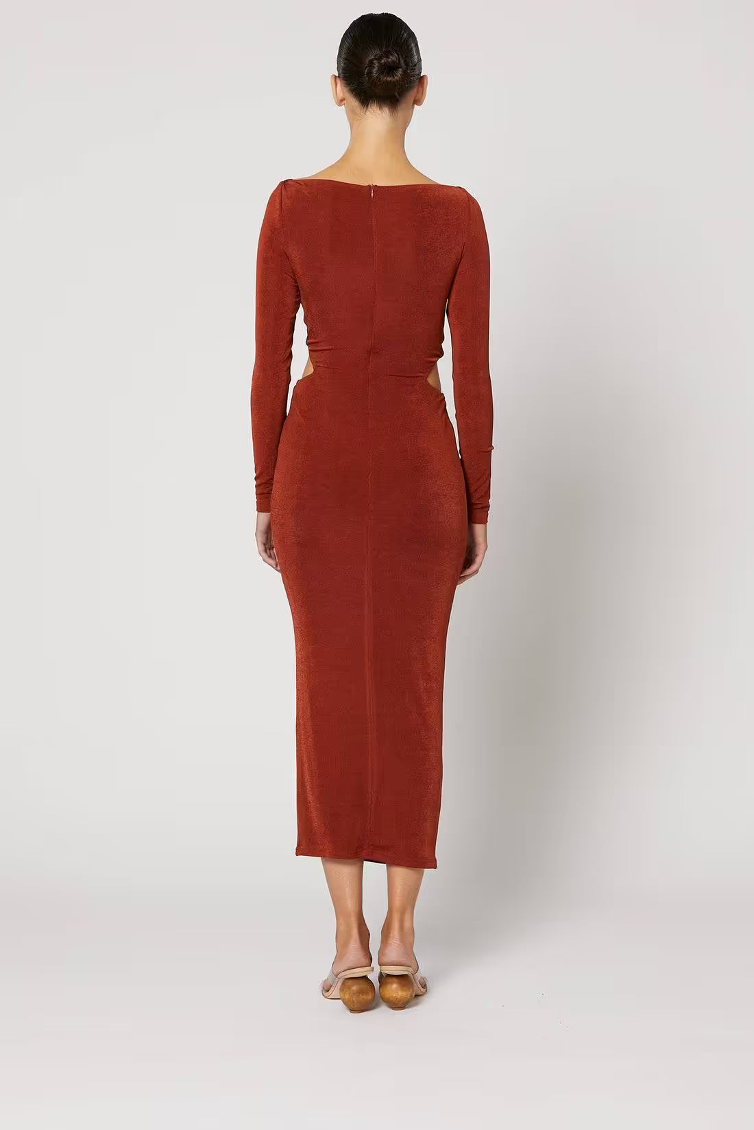 Copper ruched midi dress, back view with long sleeves and center seam