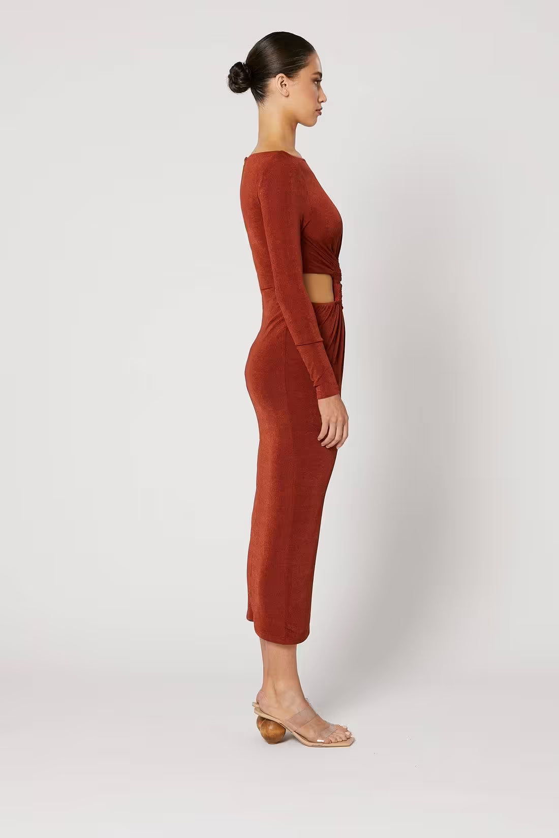 Copper ruched midi dress, side back view with long sleeves and waist cutout