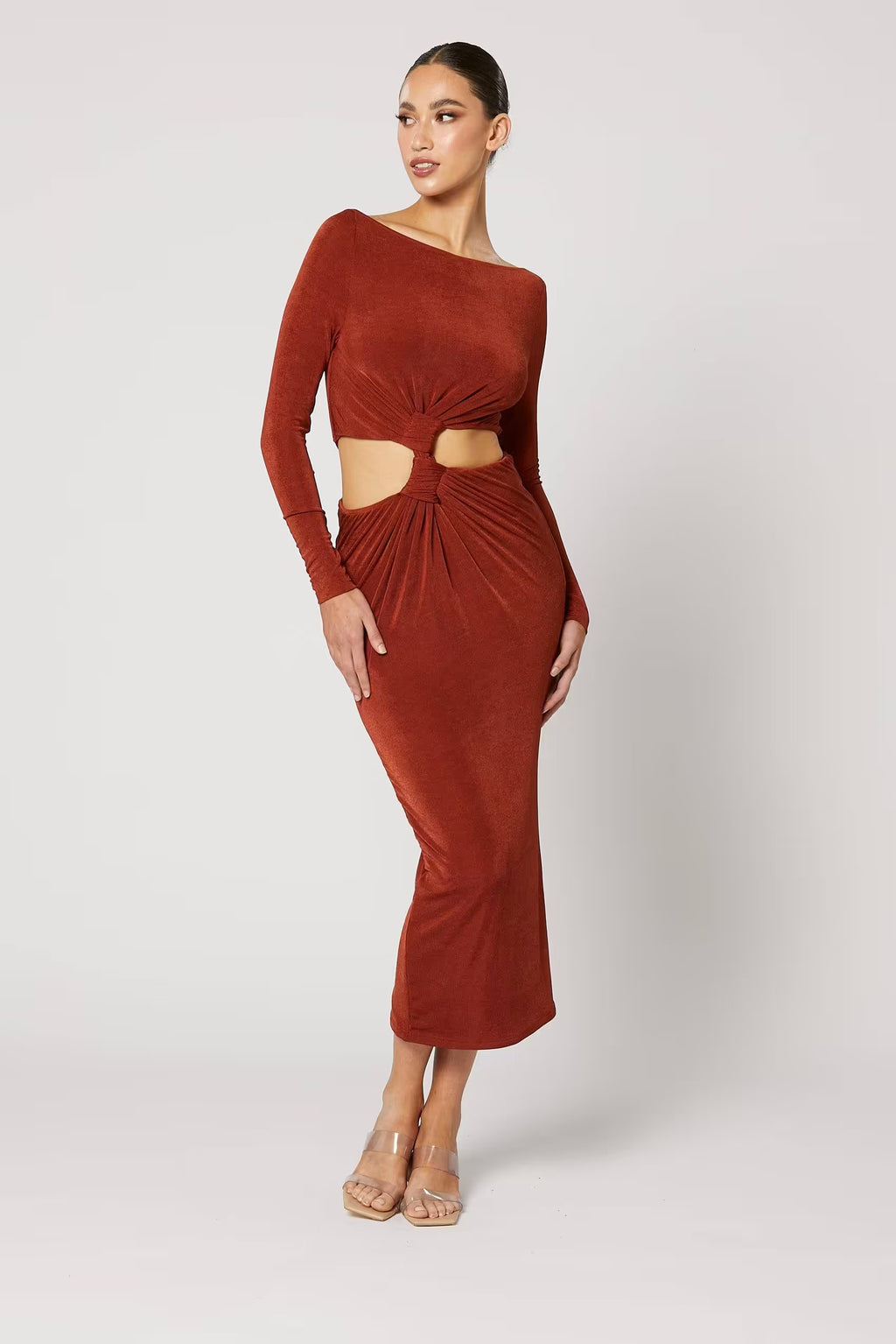 Copper ruched midi dress with long sleeves, knot waist and front midriff cutout