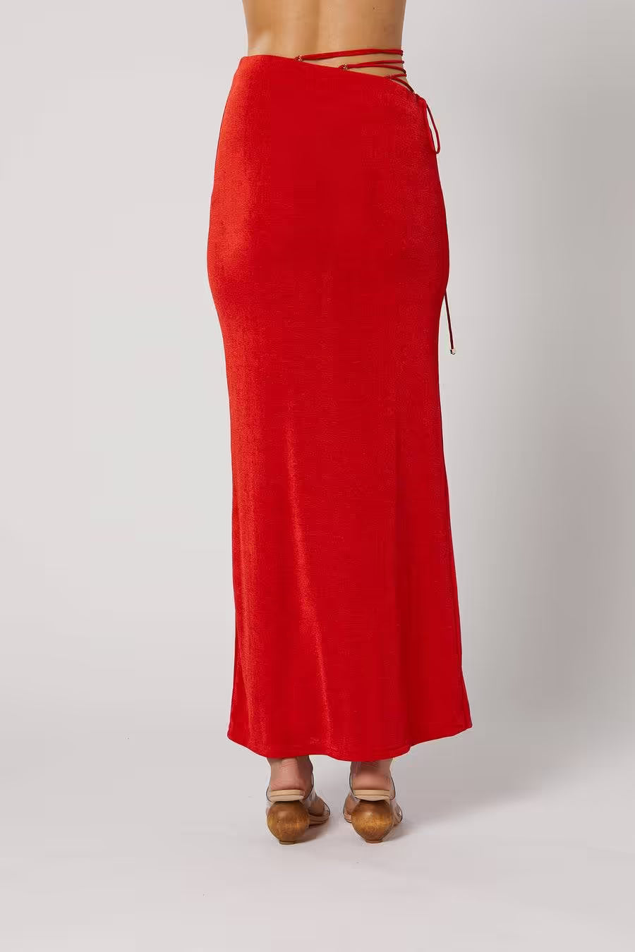 Red long maxi skirt with smooth drape and drawstring ties at the waist