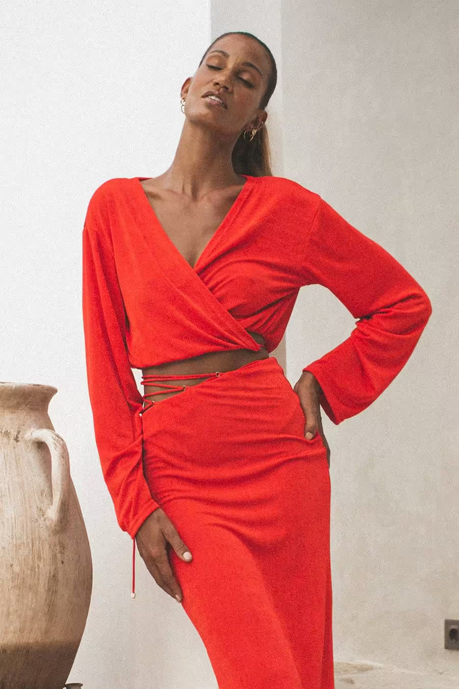 Red wrap maxi skirt with side tie, fitted high waist