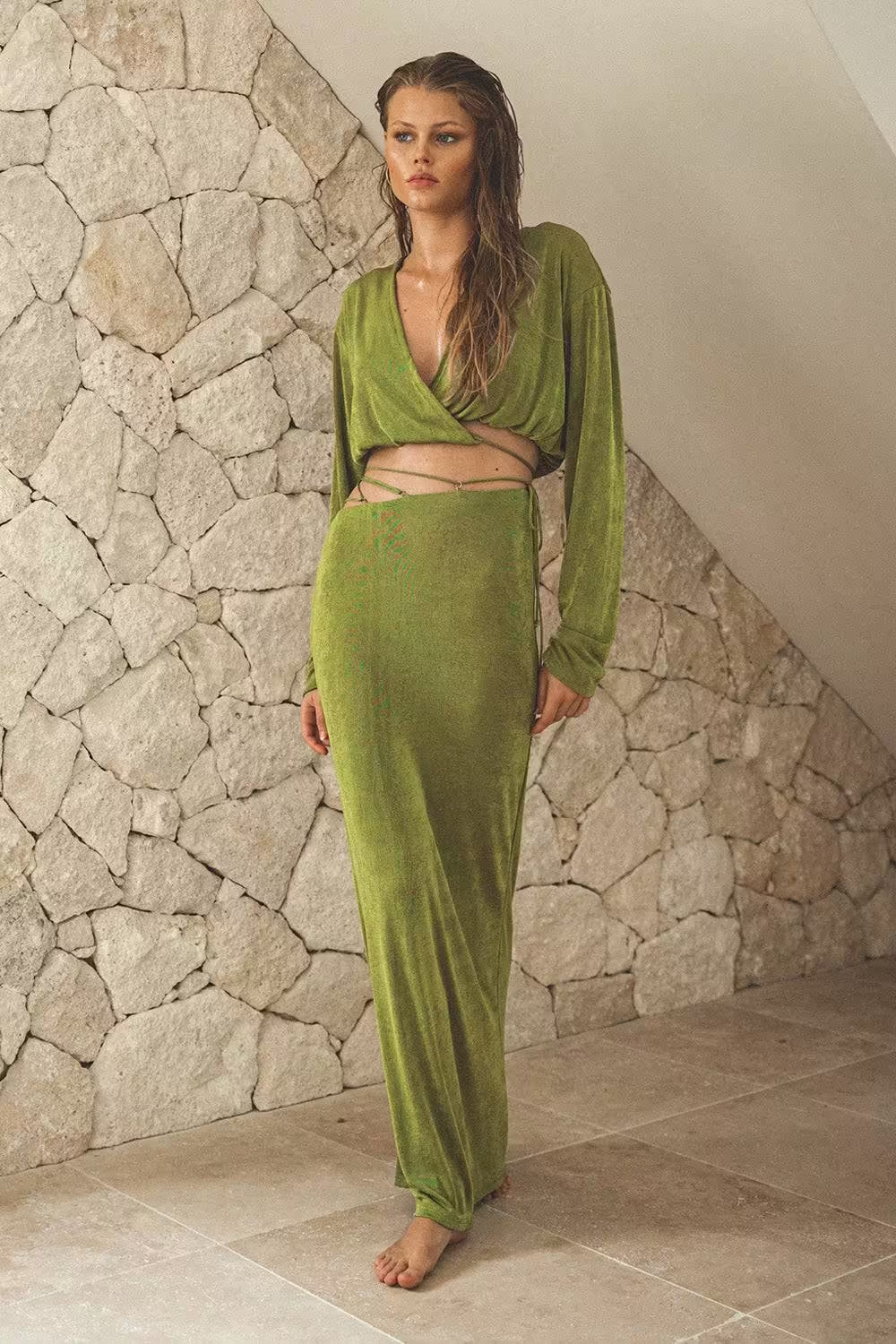 Green wrap V-neck top with long sleeves