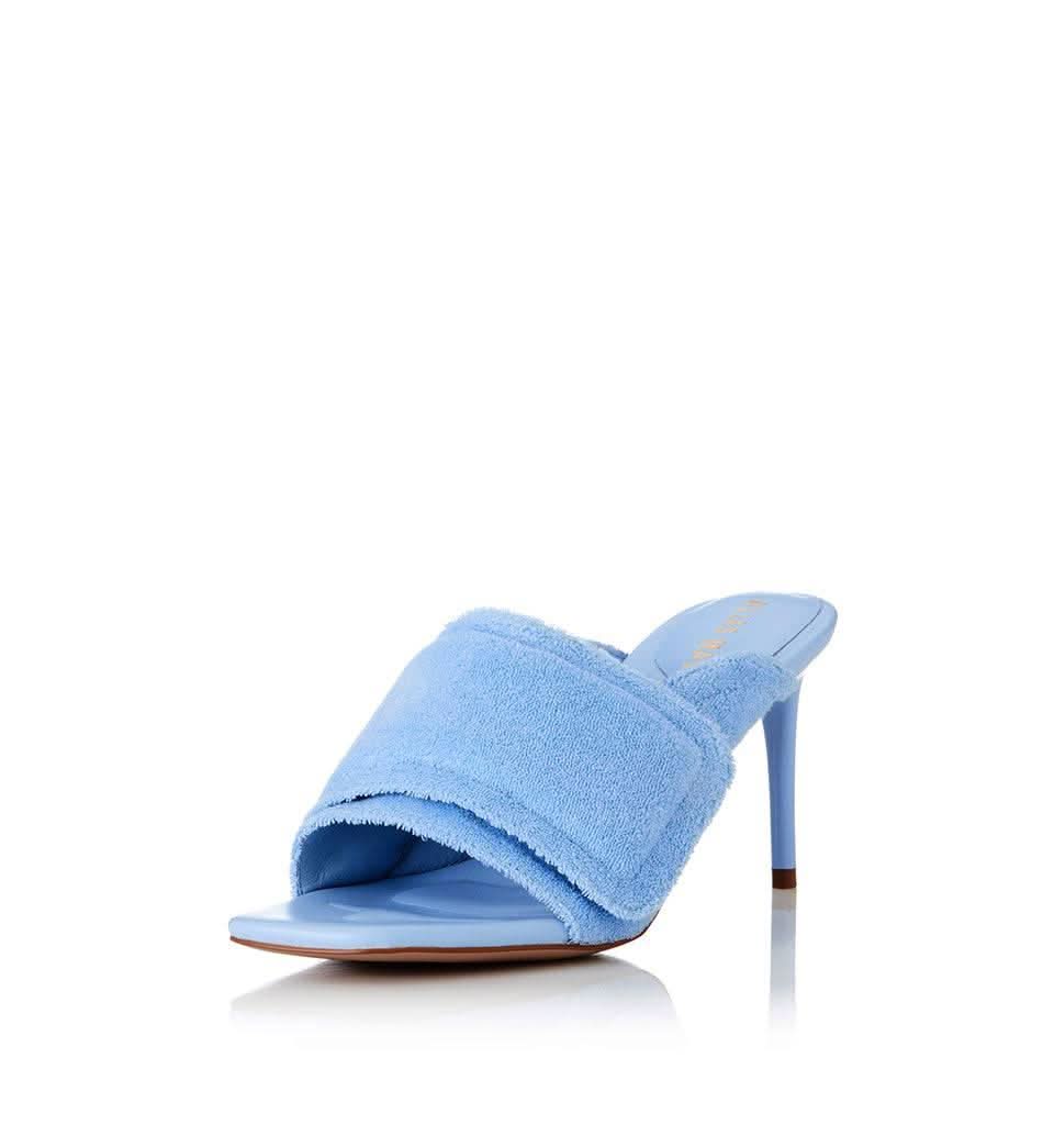 Pale blue terry slide heeled mule sandal, open toe with wrapped top strap