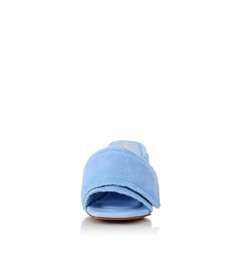 Pale blue terry slide mule sandal, open toe front view with wrapped strap
