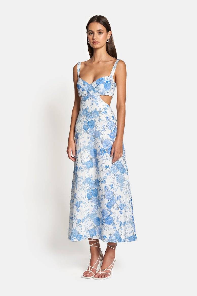 SOFIA THE LABEL Sofia The Label Delilah Cut Out Midi Dress - Sky Blue Floral BELLA n' BEAR