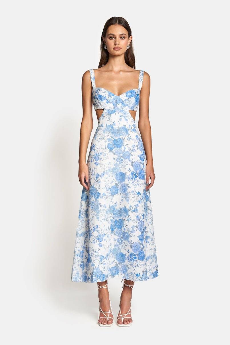 SOFIA THE LABEL Sofia The Label Delilah Cut Out Midi Dress - Sky Blue Floral BELLA n' BEAR