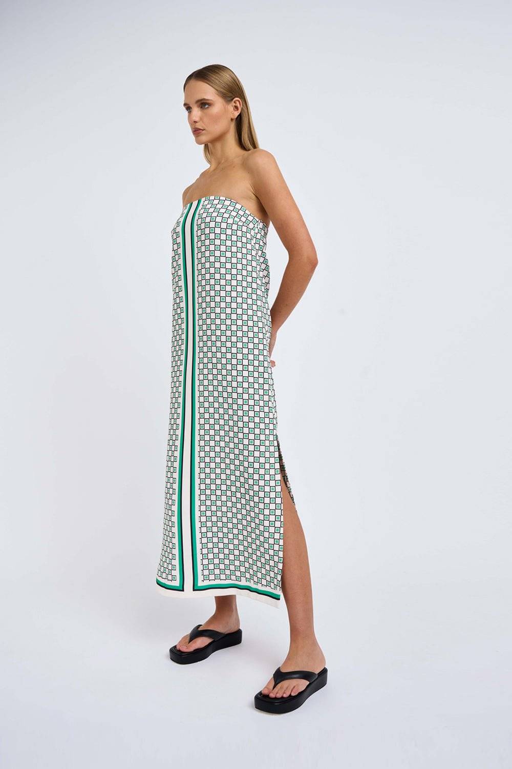 BY JOHNNY By Johnny Ischia Stripe Strapless Midi Dress - Green Ivory Black BELLA n' BEAR