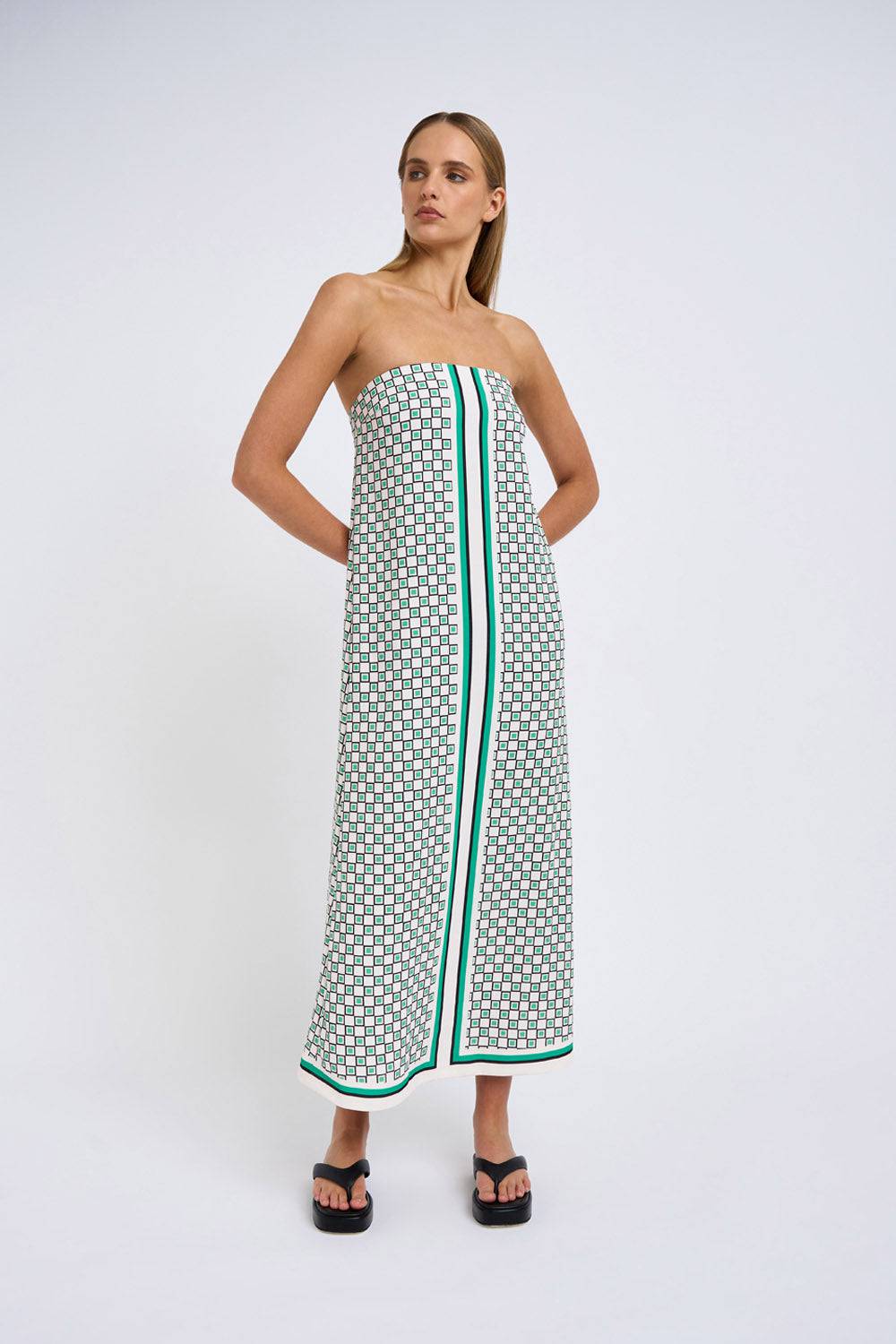 BY JOHNNY By Johnny Ischia Stripe Strapless Midi Dress - Green Ivory Black BELLA n' BEAR