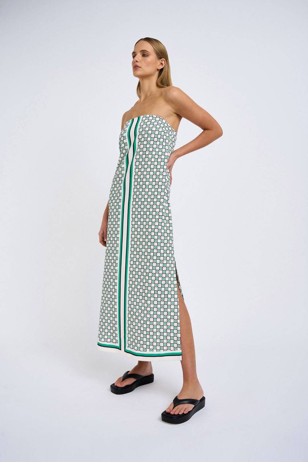 BY JOHNNY By Johnny Ischia Stripe Strapless Midi Dress - Green Ivory Black BELLA n' BEAR