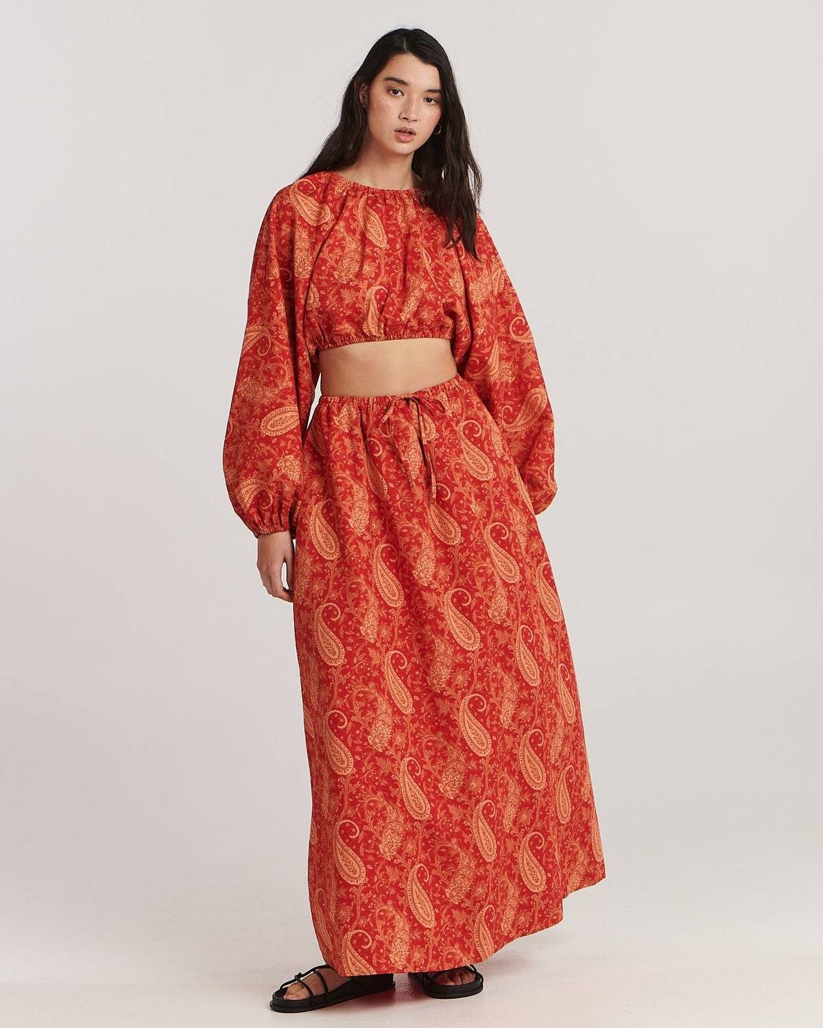 CHARLIE HOLIDAY Charlie Holiday Jarrah Linen Maxi Skirt - Terracotta Paisley BELLA n' BEAR