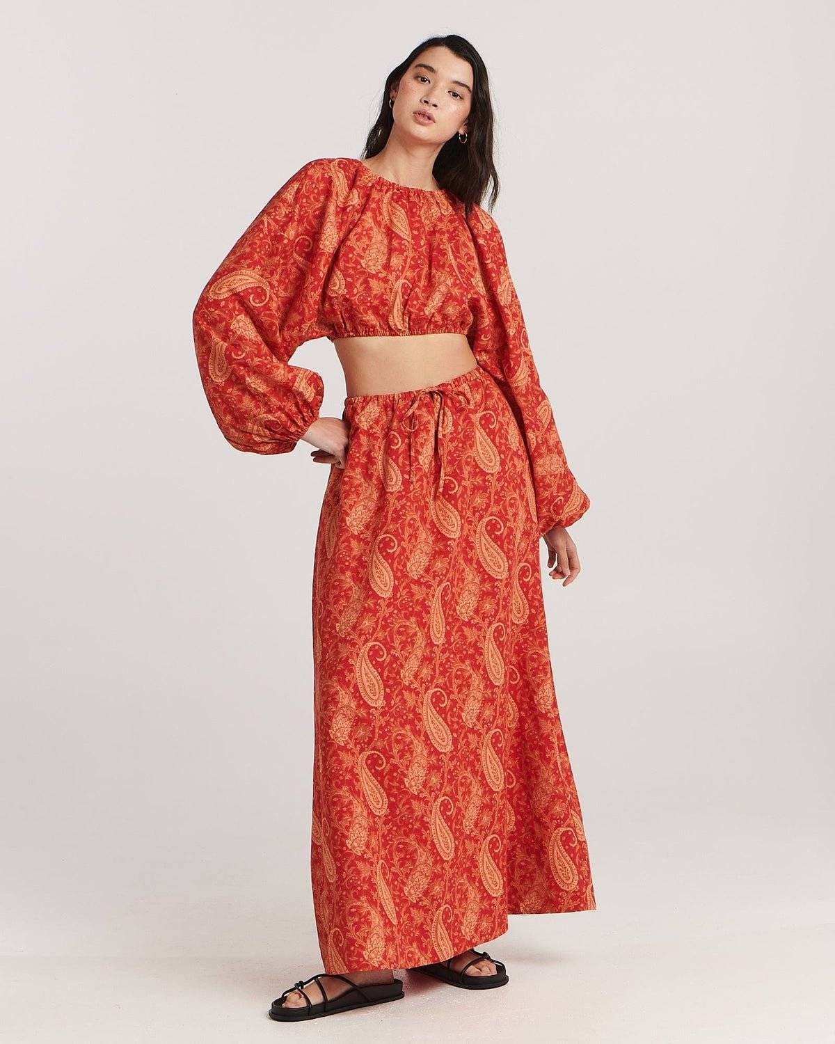 CHARLIE HOLIDAY Charlie Holiday Jarrah Linen Maxi Skirt - Terracotta Paisley BELLA n' BEAR