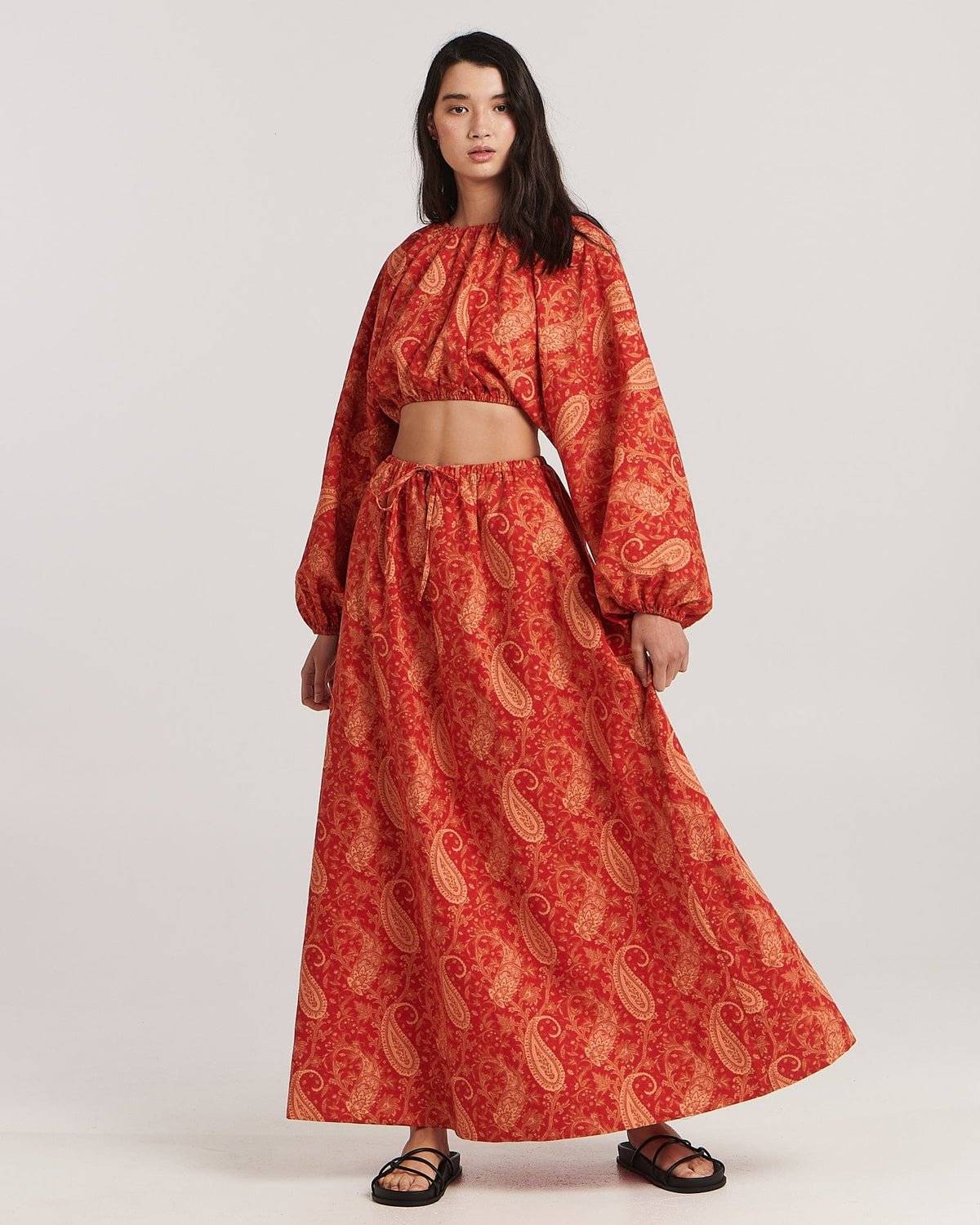 CHARLIE HOLIDAY Charlie Holiday Jarrah Linen Maxi Skirt - Terracotta Paisley BELLA n' BEAR