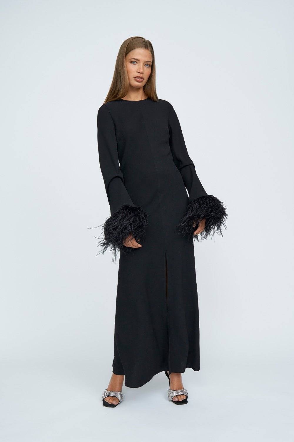 BY JOHNNY By Johnny Miranda Feather Cuff Full Length Dress - Black BELLA n' BEAR